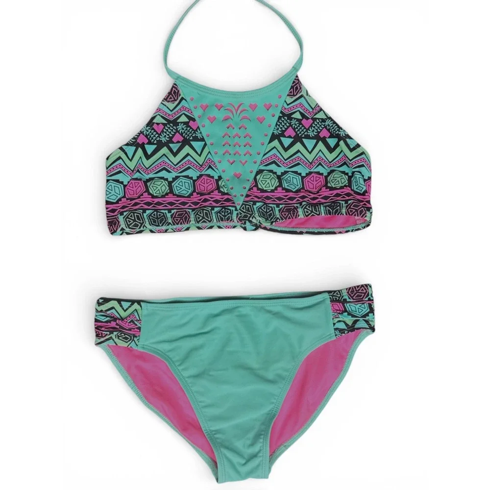 Girls Two Piece Bikini Swimsuit Turquoise Pink Tribal Print Halter Swim‎ Set